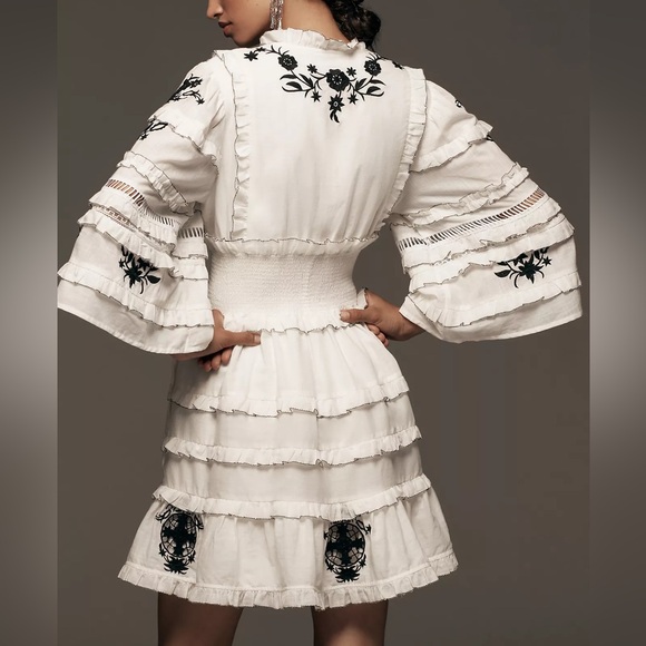 NWT By Anthropologie Embroidered V-Neck Ruffled Mini Dress - Picture 3 of 8